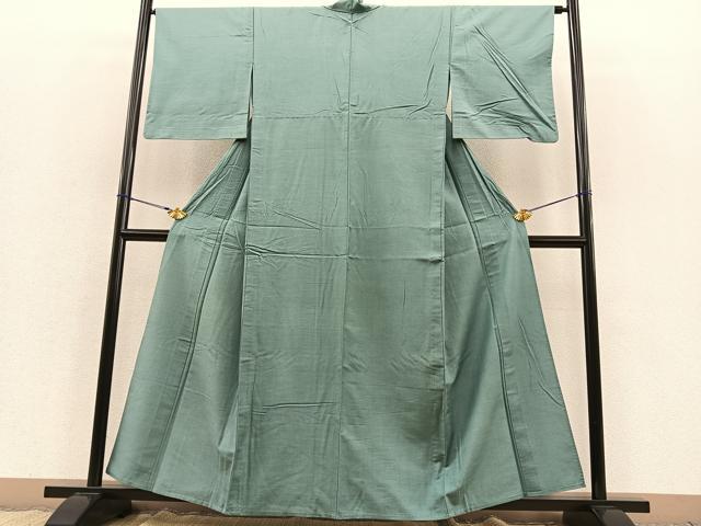 平和屋着物▽上質な紬　単衣　色無地　山葵色　正絹　逸品　BAAS8356hv 平和屋着物▽上質な紬 単衣 色無地 山葵色 正絹 逸品 BAAS8356hv