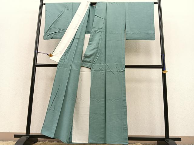 平和屋着物▽上質な紬 単衣 色無地 山葵色 正絹 逸品 BAAS8356hv