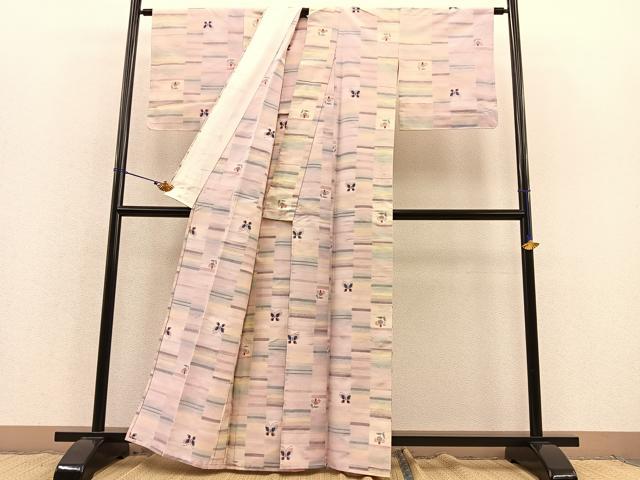 平和屋着物▽上質な紬 単衣 花蝶文 正絹 逸品 BAAS8358hv