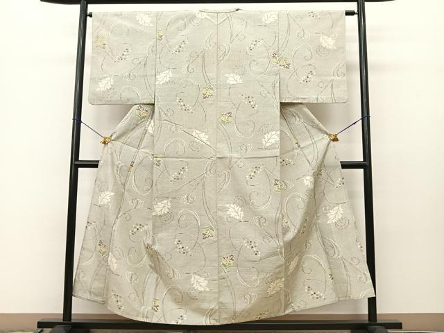 平和屋着物▽上質な紬　単衣　葡萄蔦の葉文　正絹　逸品　BAAS8020yc 平和屋着物▽上質な紬 単衣 葡萄蔦の葉文 正絹 逸品