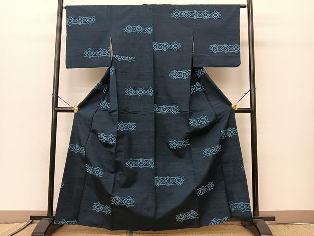 平和屋着物▽上質な紬　単衣　横段花菱文　正絹　逸品　BAAS8016yc 平和屋着物▽上質な紬 単衣 横段花菱文 正絹 逸品 BAAS8016yc