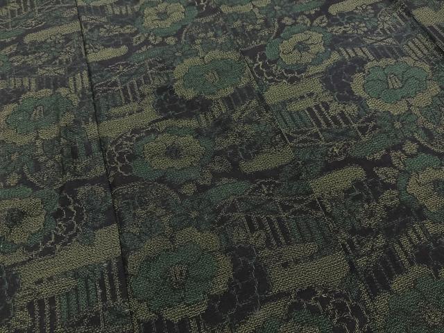 平和屋着物▽上質な紬　単衣　風景花文　黒地　正絹　逸品　BAAS8025yc