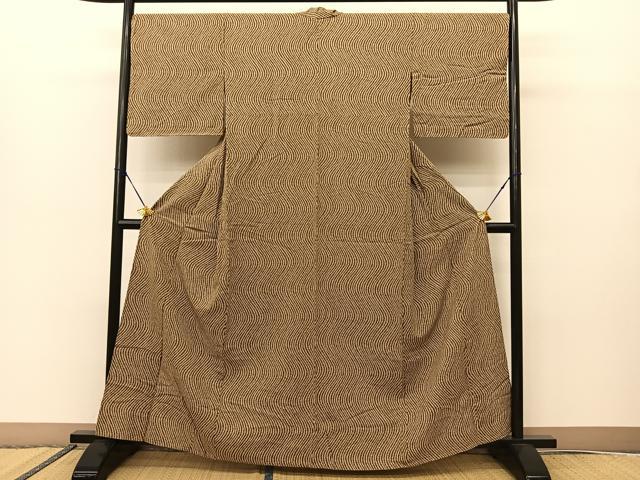 平和屋着物▽上質な紬　単衣　石畳よろけ文　正絹　逸品　BAAS8040yc 平和屋着物▽上質な紬 単衣 石畳よろけ文 正絹 逸品 BAAS8040yc