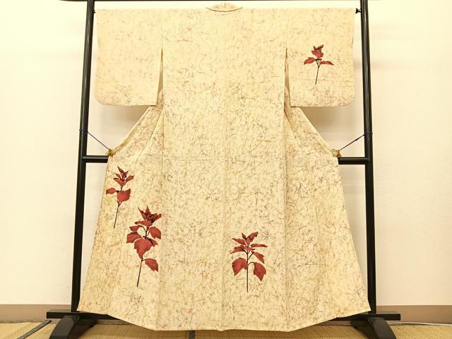 平和屋着物▽訪問着　単衣　枝葉文　正絹　逸品　BAAS8065yc