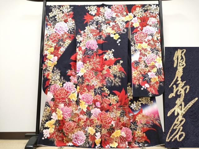 平和屋本店■極上　華道家　假屋崎省吾プロデュース　きものの世界　振袖　刺繍　草花文　暈し染め　金銀彩　濃紺地　逸品　CYAA2200s5
