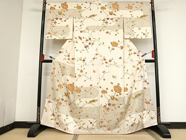平和屋着物●摺型友禅　訪問着　更紗花鳥文　金彩　正絹　逸品　未使用　AAAT9452np
