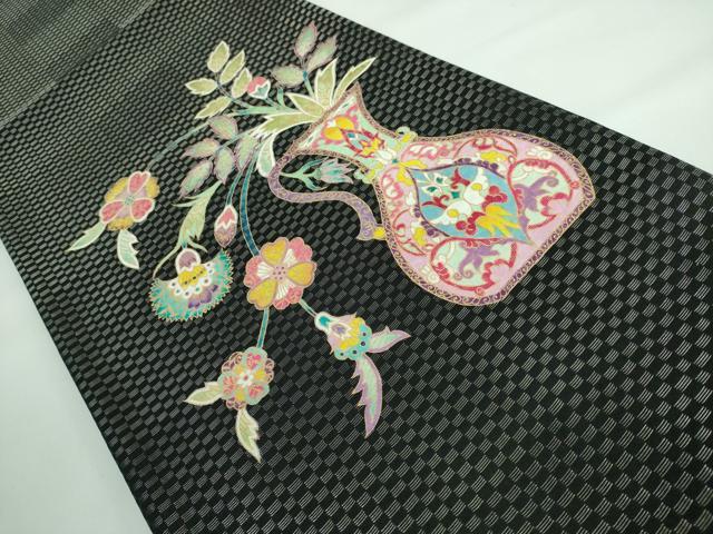 平和屋着物○両面 太鼓柄袋帯 紬地 葡萄花唐草文 金彩 正絹