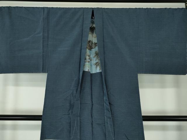 平和屋着物○男性 生つむぎ アンサンブル 濃紺色 証紙付き 正絹 逸品