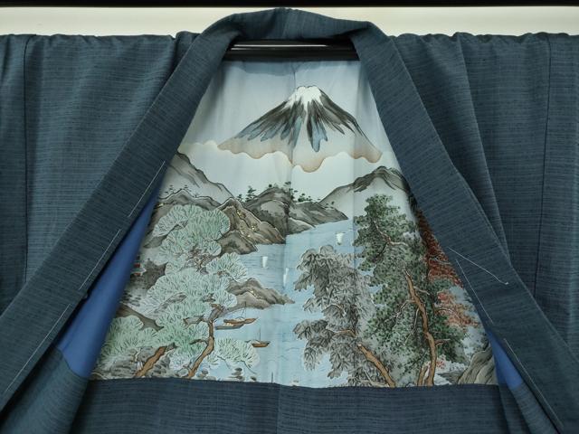 平和屋着物○男性 生紬 アンサンブル 長羽織 趣味の民芸 色無地 鉄御納戸