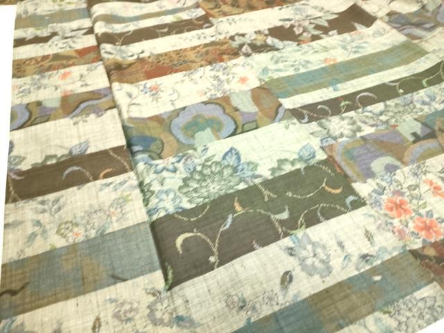 平和屋着物▽小地谷紬 単衣 横段花文 正絹 逸品