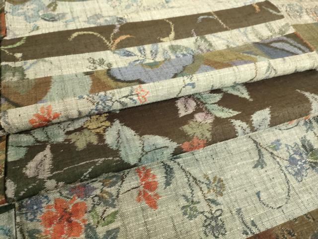 平和屋着物▽小千谷紬　単衣　横段花文　正絹　逸品　DAAS0238az