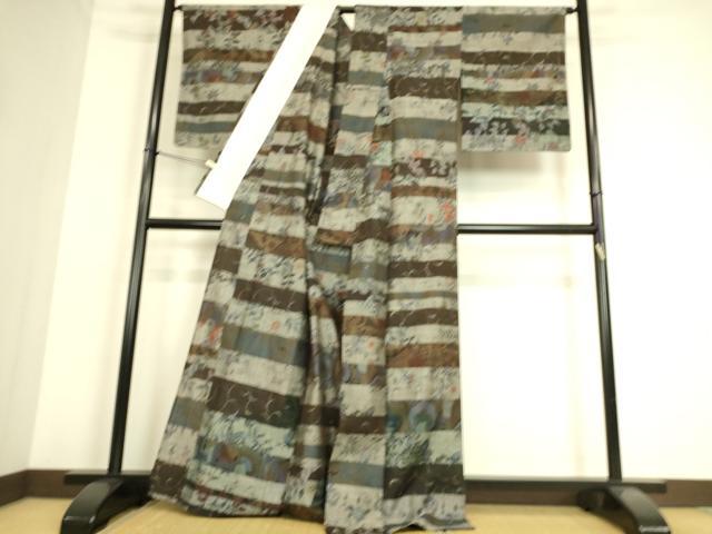 平和屋着物▽小地谷紬 単衣 横段花文 正絹 逸品