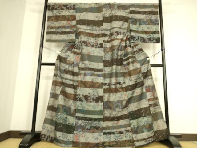 平和屋着物▽小地谷紬 単衣 横段花文 正絹 逸品