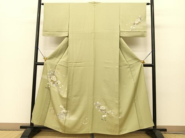 平和屋着物▽訪問着　単衣　刺繍　草花文　金彩　正絹　逸品　BAAS8184yc