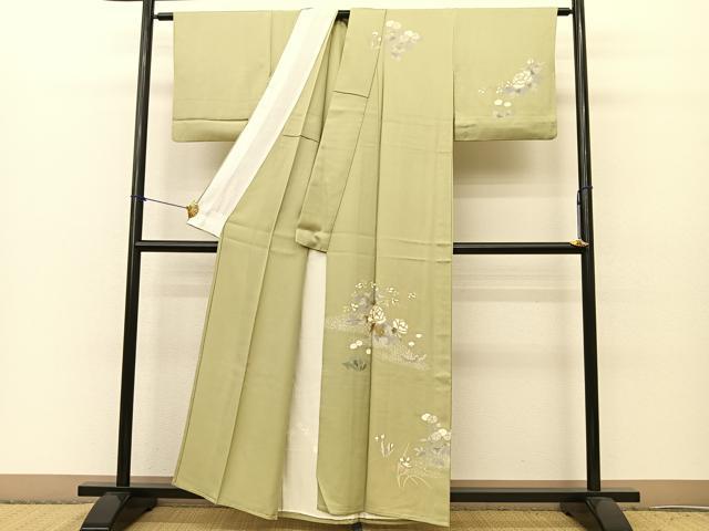 平和屋着物▽訪問着　単衣　刺繍　草花文　金彩　正絹　逸品　BAAS8184yc_2