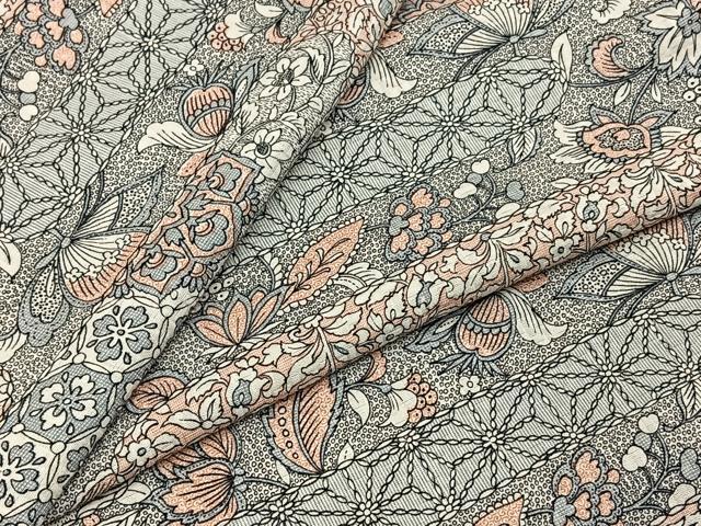 平和屋着物▽上質な小紋　単衣　紬地　更紗花蝶文　正絹　逸品　BAAT0406yt