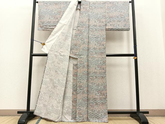 平和屋着物▽上質な小紋　単衣　紬地　更紗花蝶文　正絹　逸品　BAAT0406yt 平和屋着物▽上質な小紋 単衣 紬地 更紗花蝶文 正絹