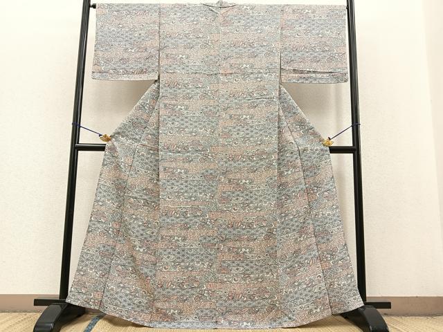 平和屋着物▽上質な小紋 単衣 紬地 更紗花蝶文 正絹