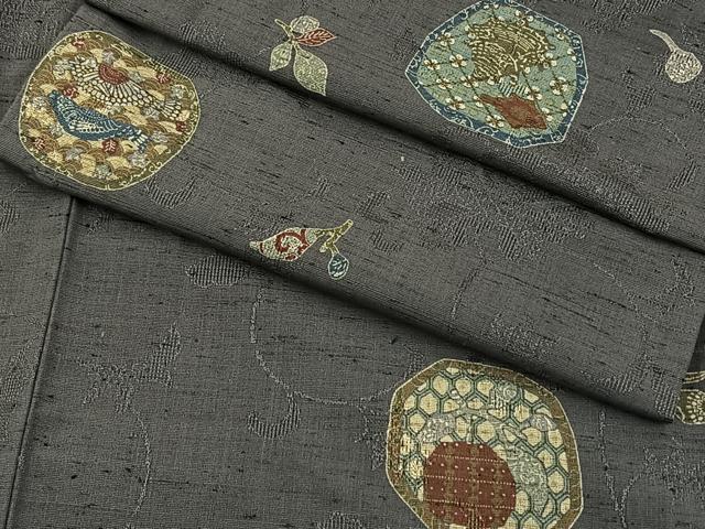 平和屋着物▽上質な紬　単衣　魚介と成物　正絹　逸品　BAAT0439yt