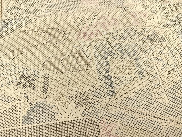 平和屋着物▽上質な紬 単衣 御所車草花文 正絹 逸品 BAAT1123hv