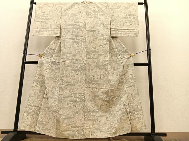 平和屋着物▽上質な紬　単衣　御所車草花文　正絹　逸品　CAAQ0005vf 平和屋着物▽上質な紬 単衣 御所車草花文 正絹 逸品 BAAT1123hv