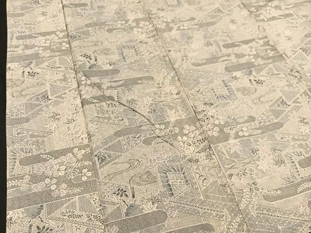平和屋着物▽上質な紬 単衣 御所車草花文 正絹 逸品 BAAT1123hv