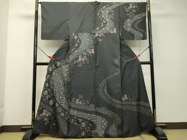 平和屋着物●本場大島紬　訪問着　9マルキ　草花文　正絹　逸品　DAAS2225tw