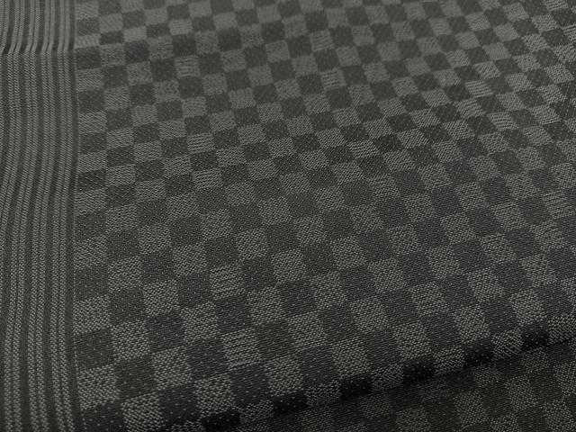 平和屋着物○上質なお召 縞 市松文様 黒地 正絹 逸品 BAAT0844yc