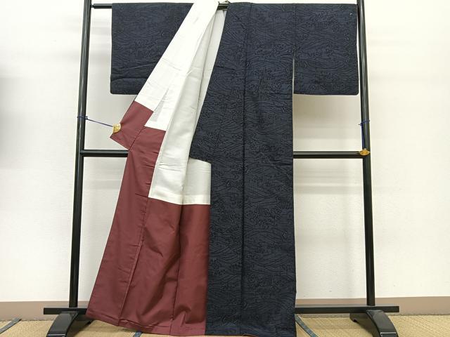 平和屋着物●本場結城紬　重要無形文化財　100亀甲　立波魚文　正絹　逸品　BAAT0871yc 平和屋着物○本場結城紬 重要無形文化財 100亀甲 立波魚文 正絹