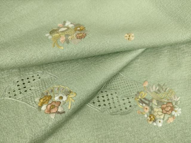 平和屋着物▽中国三大刺繍　スワトウ刺繍　汕頭刺繍　総刺繍　小紋　単衣　檜扇花文　金糸　正絹　逸品　未使用　DAAS0458az