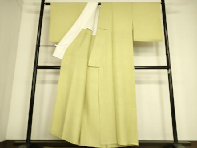 平和屋着物▽上質な色無地 単衣 霞地紋 若葉色 正絹 逸品