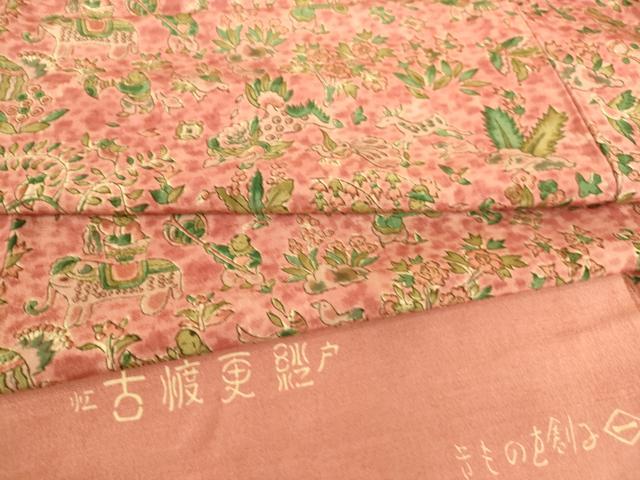 平和屋着物▽東京の老舗呉服問屋　菱一　小紋　紬地　単衣　古渡更紗　反端付き　正絹　逸品　未使用　DAAS0517az