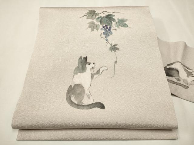 平和屋着物●九寸名古屋帯　手描き　猫　葡萄蔦の葉文　鬼しぼ縮緬　正絹　逸品　CAAT0816hy