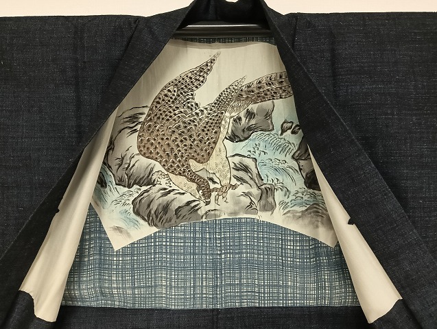 平和屋着物●男性　結城紬　アンサンブル　杢　濃藍色　正絹　逸品　AAAU4279np 平和屋着物○男性 結城紬 アンサンブル 杢 濃藍色 正絹 逸品