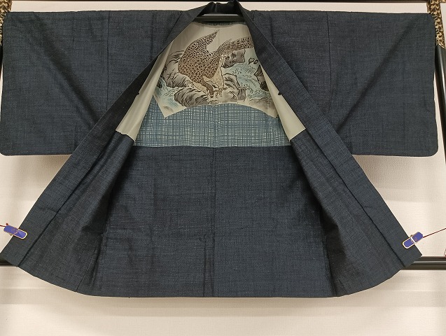 平和屋着物●男性　結城紬　アンサンブル　杢　濃藍色　正絹　逸品　AAAU4279np 平和屋着物○男性 結城紬 アンサンブル 杢 濃藍色 正絹 逸品