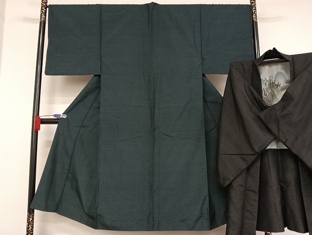 平和屋着物●男性　紬　羽織セット　着物：百入茶色　羽織：藍鉄色　正絹　逸品　AAAU4277np