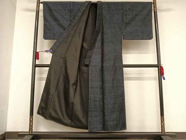 平和屋着物○男性 結城紬 アンサンブル 杢 濃藍色 正絹 逸品