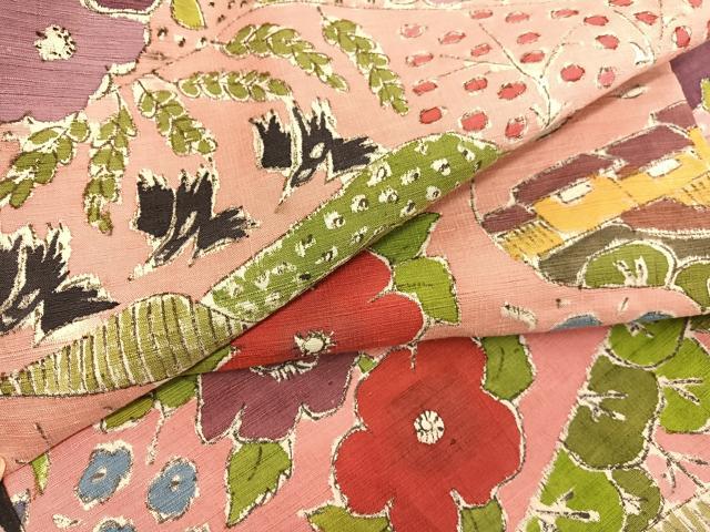 平和屋着物●工芸着物　紬　手描き　花鳥風景文　正絹　逸品　BAAT3187hv