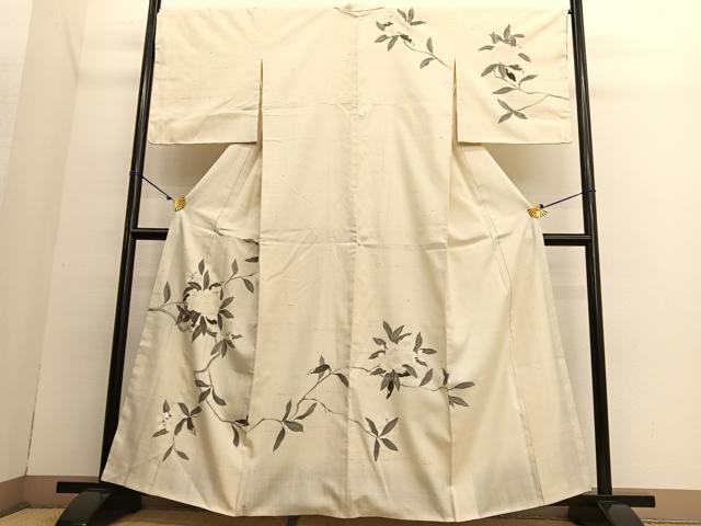 平和屋着物●訪問着　生紬地　友禅　枝花文　正絹　逸品　BAAT6637hv