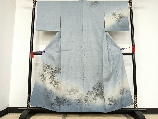 平和屋着物●訪問着　作家物　紬地　手描き　風景文　暈し染め　金彩　正絹　逸品　AAAU4362np
