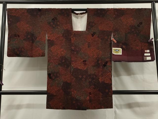 平和屋着物＃道行コート　輪奈ビロード　泥染め　切嵌更紗草文　さが美扱い　反端付き　ロング丈　正絹　逸品　CAAR9115id