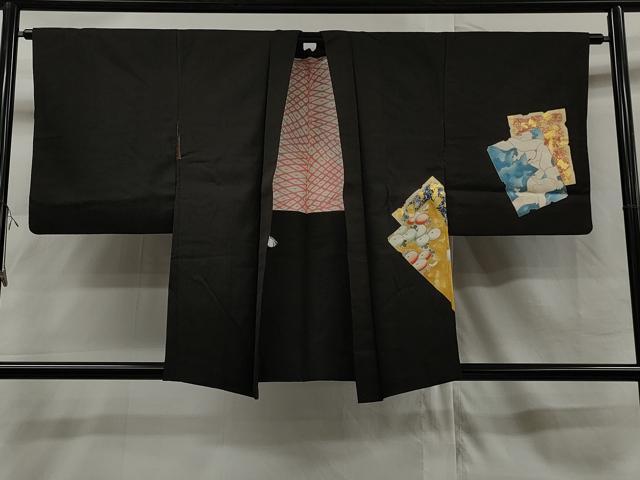 平和屋着物＃羽織　破れ色紙飛鶴花文　黒地　金彩　正絹　逸品　CAAR9142id