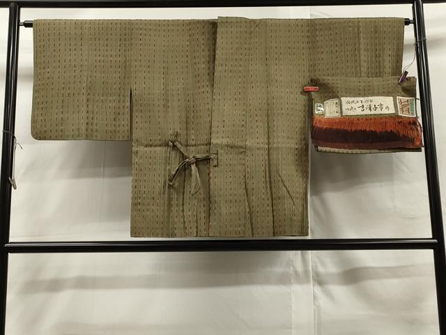 平和屋着物＃伝統工芸士　七代目　吉澤与市　道中着　紬地　竹　縞　反端付き　正絹　逸品　CAAR9137id