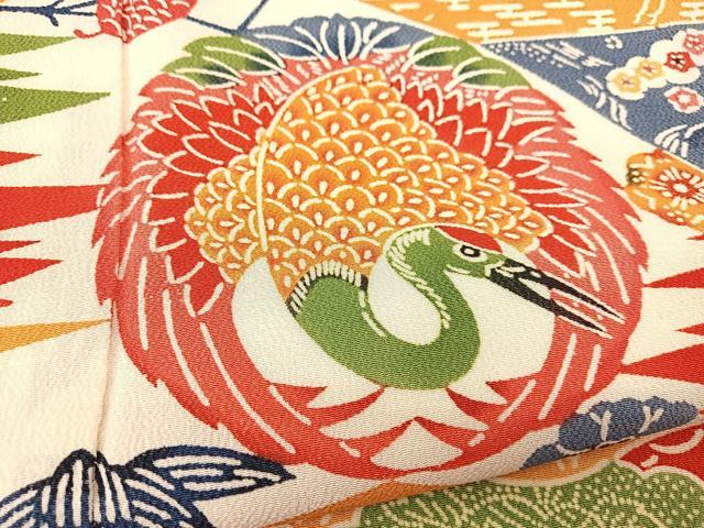 平和屋着物●和染紅型　栗山紅型　栗山吉三郎　振袖　型染め　飛鶴吉祥花文　鬼しぼ縮緬　正絹　逸品　BAAT0991yc 平和屋着物○和染紅型 栗山紅型 栗山吉三郎 振袖 型染め 飛鶴