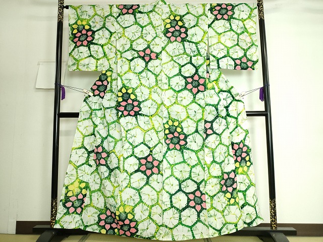 平和屋本店□極上 夏物 浴衣 有松鳴海絞り 枝花文 綿 逸品 未使用  