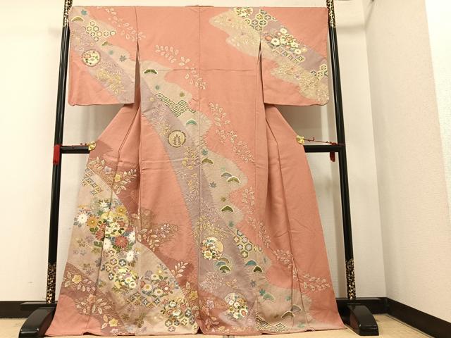 平和屋着物●訪問着　駒刺繍　絞り　雪輪草花文　金彩　正絹　逸品　AAAW0023ph