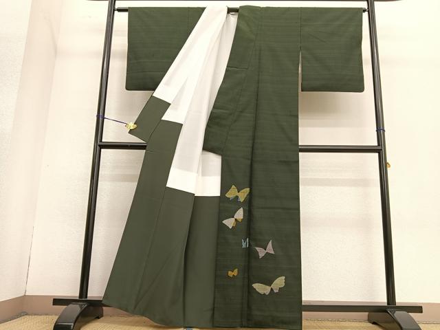 平和屋着物●絲藝苑　上島洋山　色留訪問着　紬地　舞蝶文　海草染　金糸　正絹　逸品　BAAT6694hv 平和屋着物○絲藝苑 上島洋山 色留訪問着 紬地 舞