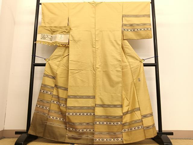 平和屋着物●京の名門　じゅらく謹製　訪問着　紬地　手織　漢方薬草染　横段文　反端付き　正絹　逸品　BAAT6751hv