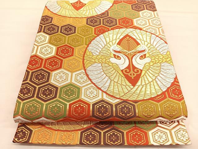 平和屋着物■西陣　河合美術織物謹製　六通柄袋帯　唐織　花亀甲双鶴丸文　金銀糸　正絹　逸品　BAAT6791hv