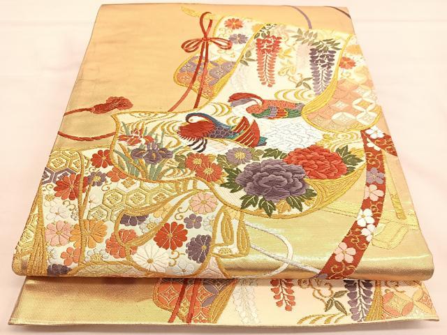 平和屋着物■唐織・西陣の老舗・名門・藤原織物　六通柄袋帯　誰が袖鴛鴦花文　金銀糸　正絹　逸品　BAAT6802hv
